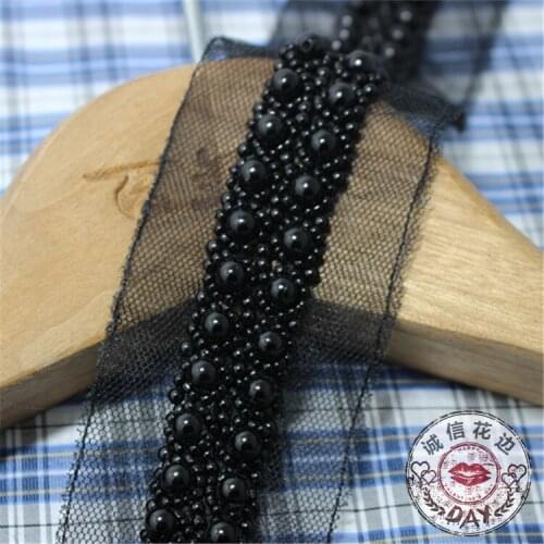 1Yard 2cm Wide for Beads Parts Black and White Fake Pearl Beaded Lace Trim Mesh Banding Lace Tape Sewing Crafts Z082