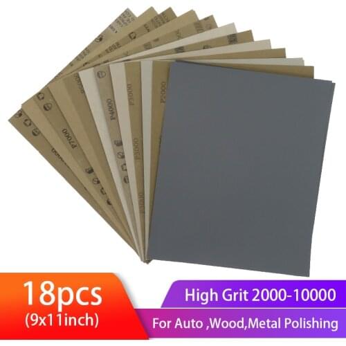 9x11inch Sandpaper Sheet Wet Dry Abrasive Sand PaperHigh Grit 2000-10000 for Car Sanding Wood Furniture Finishing(18pcs)