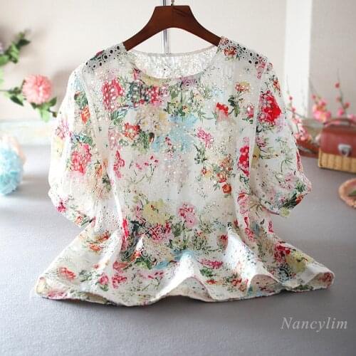 Summer Floral Lace Blusas Women New Loose Blouses Short Sleeve Hollow Out Sweet Pullover Embroidered Shirt Ladies Top Nancylim