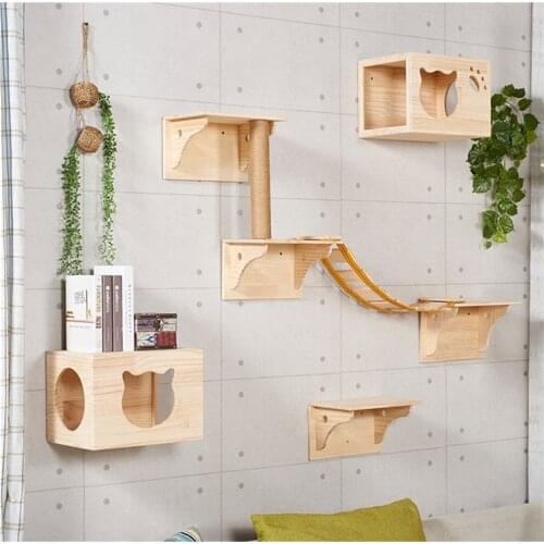 Solid Wood Cat Climbing Frame Wall Jumping Platform Wall-mounted Cat Litter Cat Scratching Post Four Seasons Wooden Cat Wall