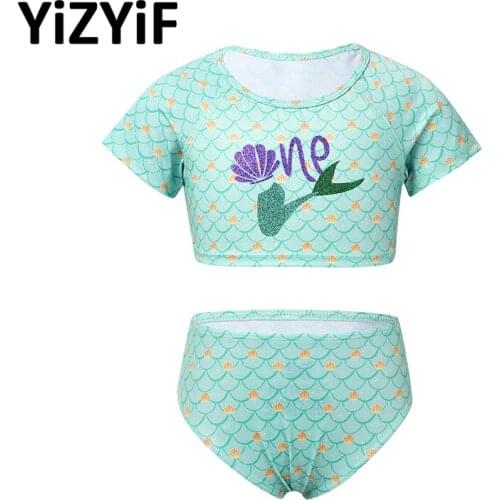 Tankini Kids Girls Swimwear Fish Scales Printed Tankini Swimsuit Cute Bathing Suit Set Short Sleeves Tops With Bottoms Beachwear