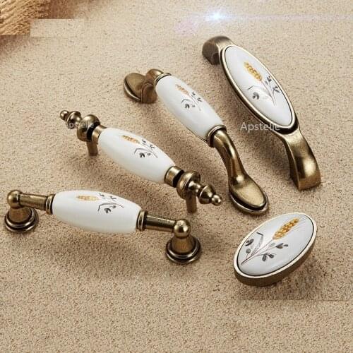 European Fashion Furniture Wardrobe Hardwares Cabinet Drawer Knobs Zinc Alloy Ceramic Flower Kitchen Cupboard Pull Bronze White