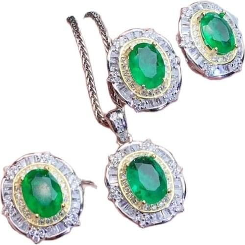 KJJEAXCMY boutique jewelry 925 sterling silver inlaid Natural Emerald Necklace Ring Earring Suit Support detection popular