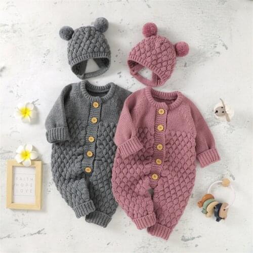 2pcs Newborn Baby Girls Boys Romper +Hat Set Baby Warm Clothes Cotton Knitted Sweater Jumpsuit Outfit Winter Baby Clothing 0-18M