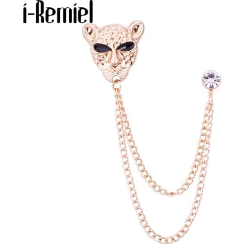 Korean Retro Animal Leopard Head Brooch Rhinestone Tassel Chain Lapel Pins Suit Shirt Corsage Badge Collar for Men Accessories