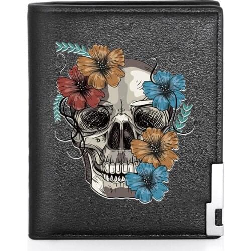 High Quality Leather Men Wallet Personality Flower Skeleton Skull Classic Credit Card Holder Short Purse