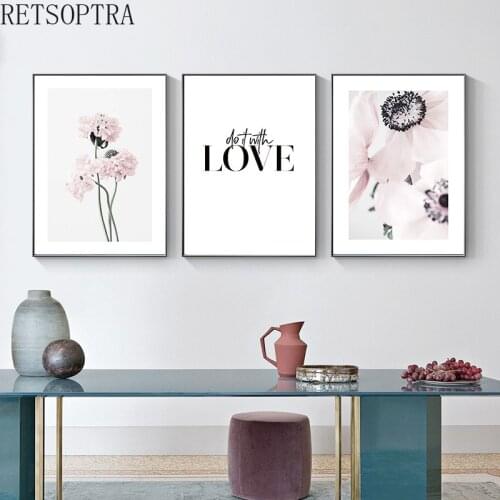 Cute Pink Blooming Flowers Letter Canvas Wall Art Prints Poster Painting Fashion Blush Wild Botanical Living Room Decor Picture