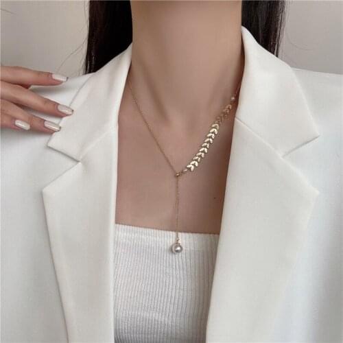 Fashion Pearl Necklace for Women Girl Cute Wheat Ear Shape Asymmetry Gold Color Clavicle Chain Jewelry Party Wedding Gift New