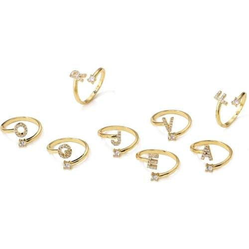 HECHENG Fashion letter rings,For Women,Gold Color Copper Adjuatable Opening Ring ,Initials Name Alphabet Finger Rings