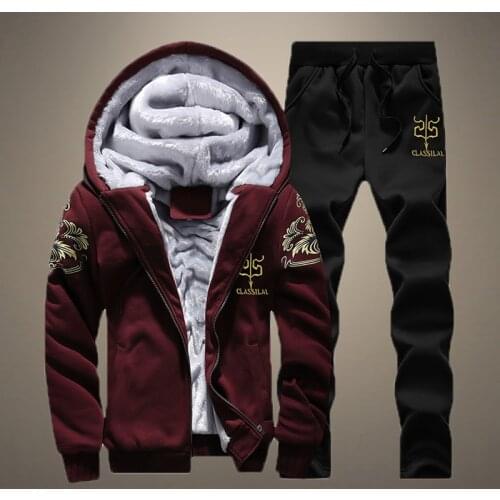 2021 Autumn Winter Mens Suit Thick Fleece Warm Tracksuit Outdoor Mens Jogger Sportswear Hooded Jacket + Pants Two-piece Sets Men