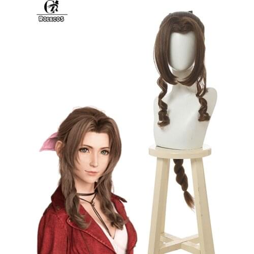 ROLECOS FF VII Aerith Cosplay Wig FF7 Aerith Long Brown Wig 100CM Pigtail Women Hair Heat Resistant Synthetic Hair