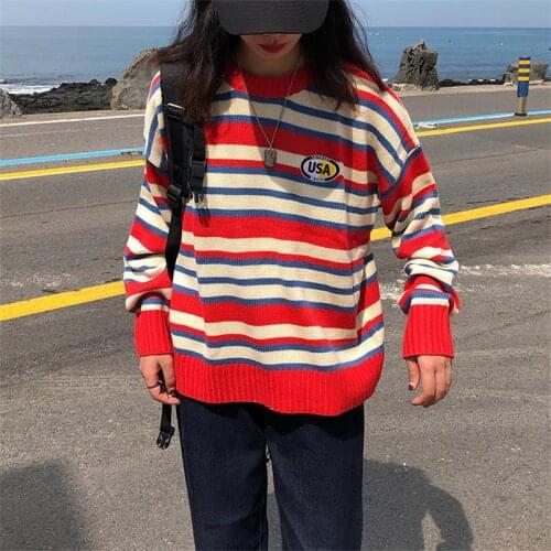 Casual Loose Colorblock Striped Badge Sweater Female Korean Harajuku Womens Sweaters Japanese Kawaii Ulzzang Clothing For Women