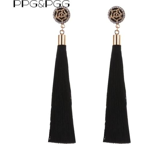 PPG&PGG New Ethnic style Long Tassel Earrings for women Fashion Crystal Flower Jewelry black blue and red colors female gifts
