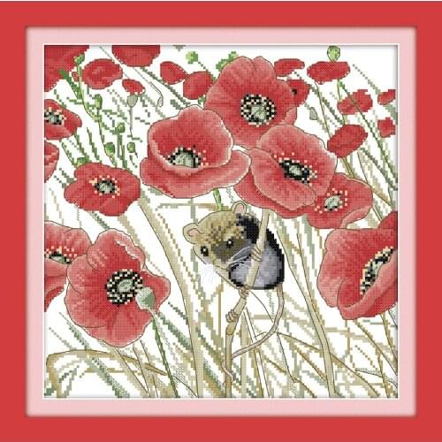 Everlasting Love Poppy And Mouse Chinese Cross Stitch Kits Ecological Cotton Stamped Printed 11CT DIY Gift Christmas Decoration