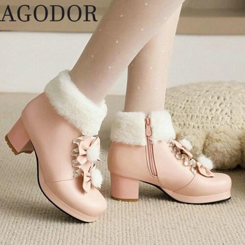 AGODOR Women Lolita Ankle Boots Fur Platofrm Chunky Heel Women Winter Shoes Withe Bow Tie White Booties Pink Shoes