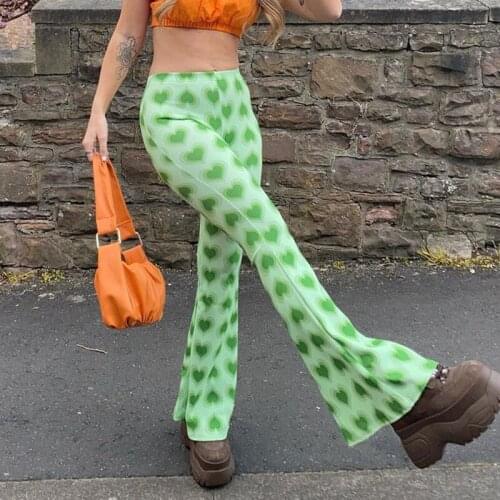 Harajuku Summer Love Printed Flare Pants Women High Waist Loose Green Trousers Casual Streetpants Ladies Elegant Pantalon P097
