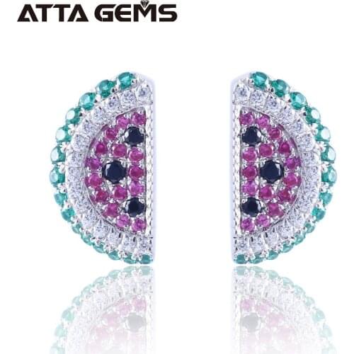 Natural Black Spinel Sterling Silver Stud Earring for Women Watermelon Fruits Design Created Ruby Vivid Style Summer Jewelrys