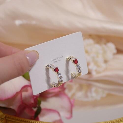 14k Real Gold Shiny Red Zircon Love Earrings Exquisite Design Earrings Temperament S925 Silver Needle Ladies Accessories Jewelry