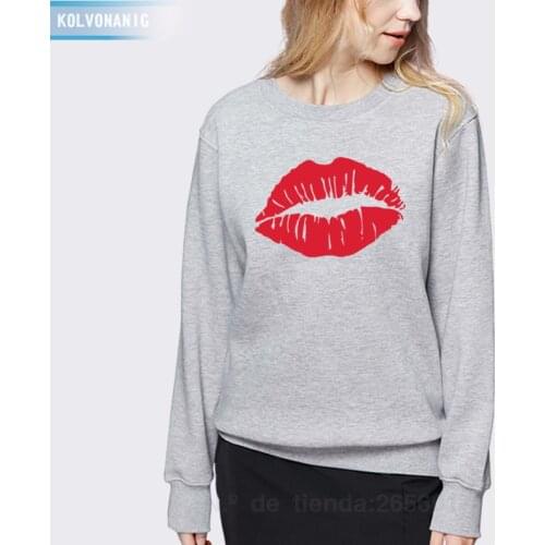 KOLVONANIG Red White Lips Offset Print Women Tops Long Sleeve Loose Fit Hoodies Women Clothing 2019 Winter Sweatshirts Pullovers