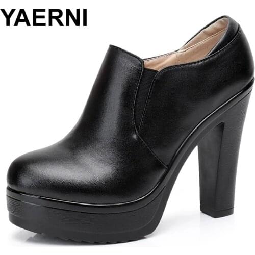 YAERNI New Apring Black genuine Leather Shoes Women Pumps Large Size Deep Mouth Winter Warm Shoes High Heel Shoes 8 / 10 / 12 Cm