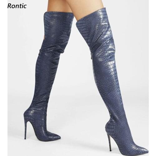 Rontic Hot Women Winter Over The Knee Boots Stone Pattern Stiletto Heels Pointed Toe Silver Blue White Club Shoes US Size 5-15