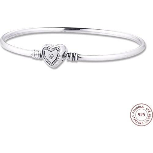 Luxury Jewelry Wishful Heart Bangles 925 Sterling Silver Charm Bangle Bracelets for Women accesorios mujer Free Shipping