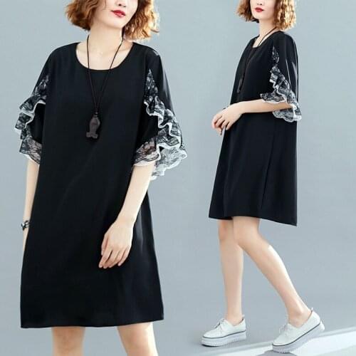Plus size Summer dress womens 2020 New Black Loose O-neck Lace sleeve Chiffon Mid-length T-shirt dresses Female vestidos