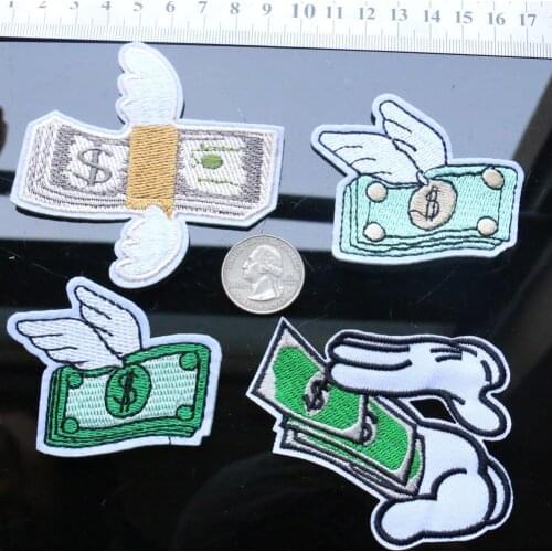 4Pc Flying Money Funny Wing Cash Lucky Embroidered Applique Sewing Iron on Patch Badge Dollar Bill Wings DIY Fabric Finishes