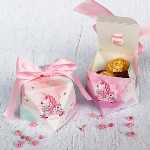 5pcs Unicorn Paper Gift Box Cartoon Paper Bags Baby Shower Birthday Party Decorations Chocolate Cookie Candy Box with Ribbon