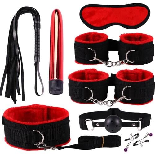 8Pcs Adult Bondage Handcuffs Footcuffs Whip Blindfold Massager SM Sex Toys Set Soft material makes it feel so great perfect gift