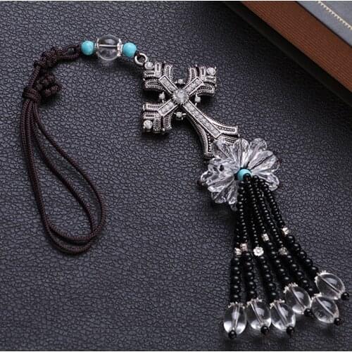 Car Accessories Decoration White crystal diamond Cross with beads tassel pendant Ornament fashion auto Rearview mirror pendant