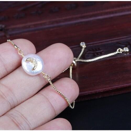 Tiny gold multi cz crystal paved new moon crescent charm natural freshwater pearl bead connector link dainty bracelet for women