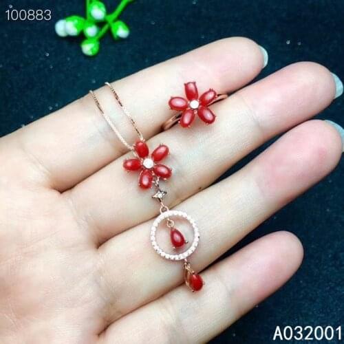 KJJEAXCMY fine jewelry natural red coral 925 sterling silver women pendant necklace chain ring set support test lovely