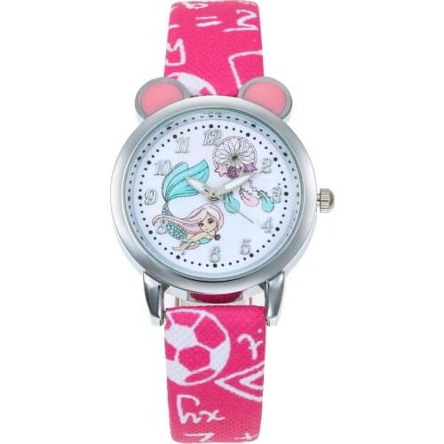 Lovely Pink Mermaid Children Wrist Watches Diamond Cartoon Leather Strap Kids Quartz Watch For Boy Clocks Relogio Masculino Saat