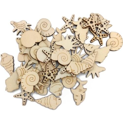 50pcs Natural Mix Seashell/Starfish Pattern Wooden Scrapbooking Carft for Home Decoration DIY Handmade Craft