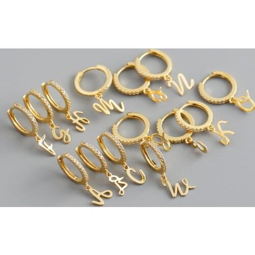 KAMIRA 925 Sterling Silver Fashion Geometric Shiny Letter A-Z White Zircon Stud Earrings for Women Charming Gothic Retro Jewelry