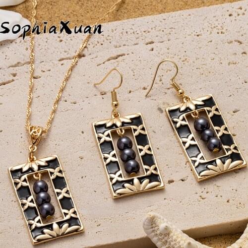 SophiaXuan New Design Hawaiian Earrings and Necklaces Set Geometry Pearl Fashion Necklaces Jewelry Set Wholesale for Women Party