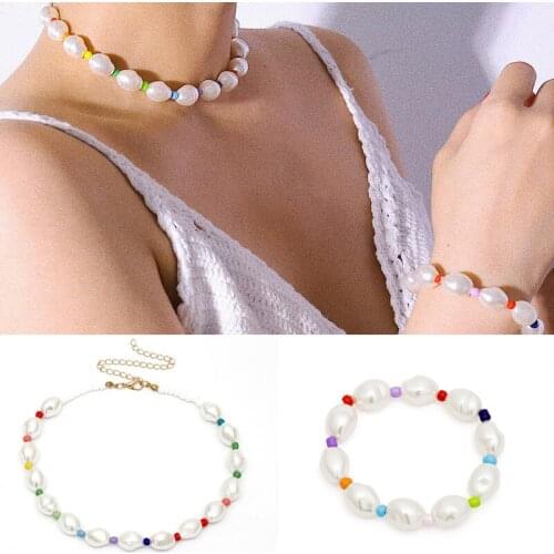 Fashion imitation pearl jewelry colorful beads necklace and bracelet set irregular white pearl beaded necklaces for women