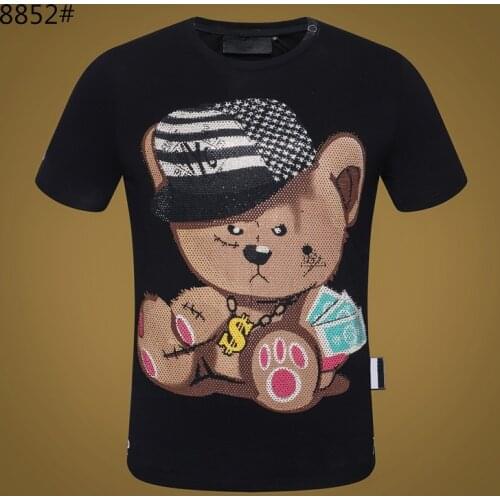 100% Cotton T-shirt Men Short Sleeve Tops 3D Diamond-studded Bear Plein T-shirt Men O-neck Street Gothic Tee Shirt PP Top