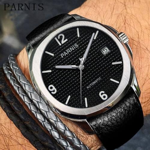 40MM parnis black dial date widnow leather strap deployment automatic movement mens watch