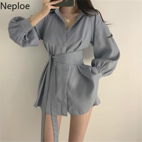 Neploe 2021 Summer New Ladies Two-piece Set Lapel Single-breasted Puff Sleeve Shirt Women + Solid Color Loose Shorts 1F384