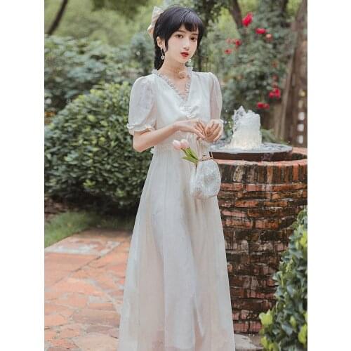 Summer New Womens Clothing Ins Japanese Girl Pastoral Style Lace v-Neck Lace Fairy Mid-Length Dress Party White Dress