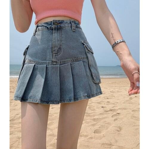 New High Waist Womens Summer 2021 Pleated Skirt with Pockets Female Slim Sexy Anti-walking Light A-word Short Denim Skirts Blue