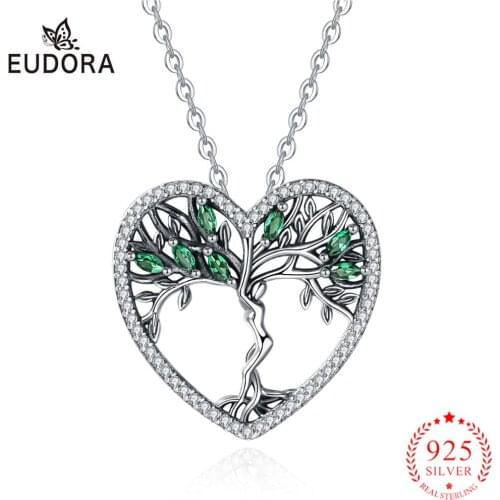 Eudora Tree Of Life 925 Sterling Silver Necklace Green CZ Crysrtal Pendant women Jewelry with Nice Box Christmas lover gift D497