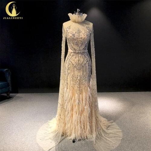 Rhine real Pictures High Neck Champagne Long Sleeves Feather Crystal vestido de noiva robe de soiree arabic evening dresses long