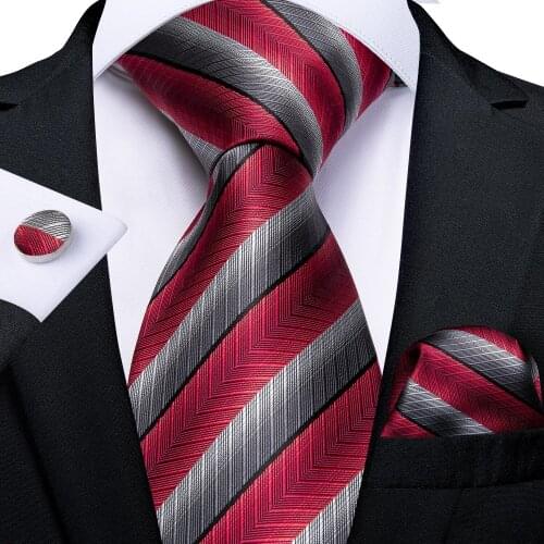 SJT-7235 DiBanGu Luxury Red Gary Striped Tie for Men Hanky Cufflinks Ties 100% Silk Mens Necktie Business Wedding Party Tie Set