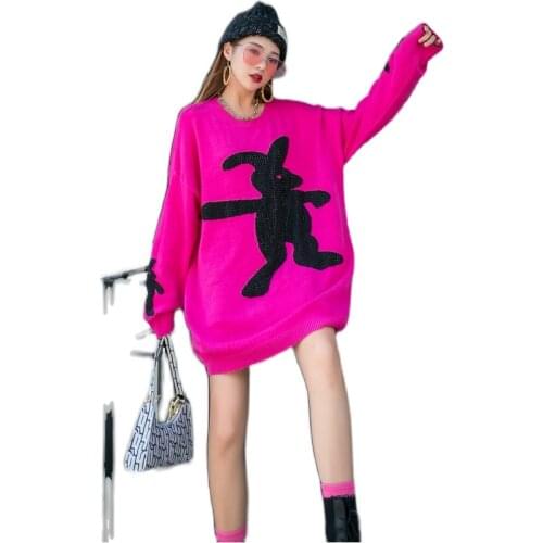 Red Diamond Rabbit Print Sweater Women 2021 Spring Autumn Cartoons Knitted Oversize Sweater Casual Pullover Top свитер оверсайз