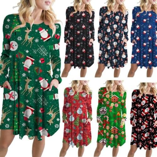 Witbuy Loose Women Dress Casual Christmas Print Long Sleeve O-Neck With Pockets Autumn Mini Dresses For Women New Year Party