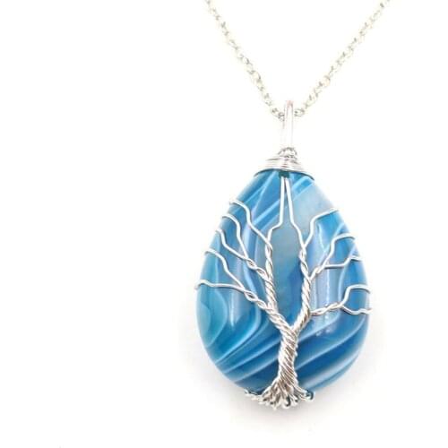 Vintage Natural Stone Tree of Life Pendant Necklace Wrapped Drop Shaped Crystal Opal Chakra Necklaces for Women Christmas Gifts