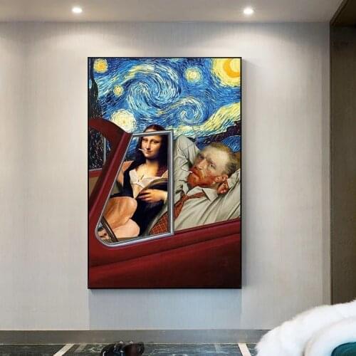 Funny Art Mona Lisa Van Gogh Smoking In Car Canvas Painting Poster Starry Night Wall Art Prints Pictures for Living Room Decor